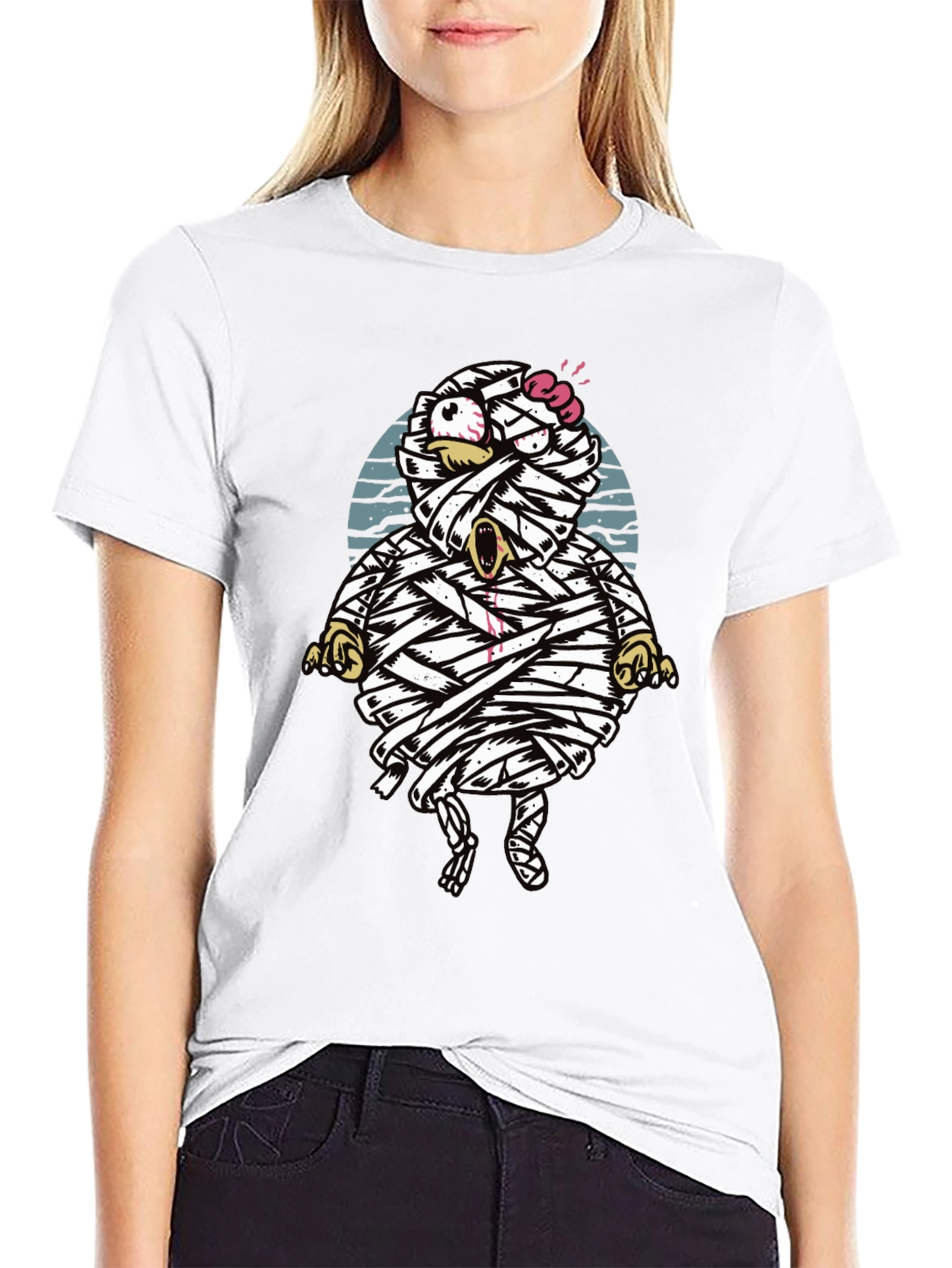 Cartoon Mummy Graphic T-Shirt - Halloween Style