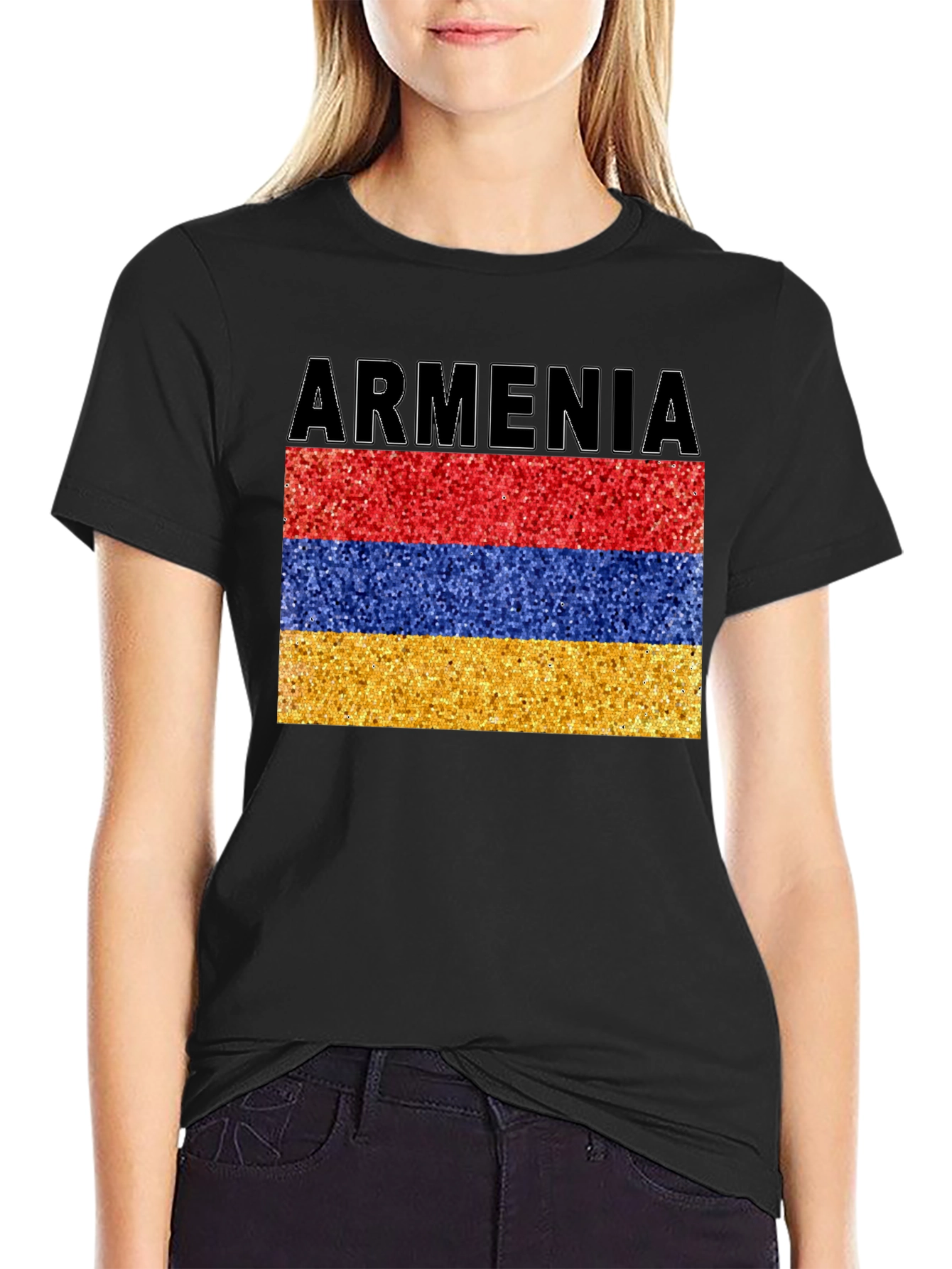 Armenia Flag Glitter Graphic Print Black T-Shirt
