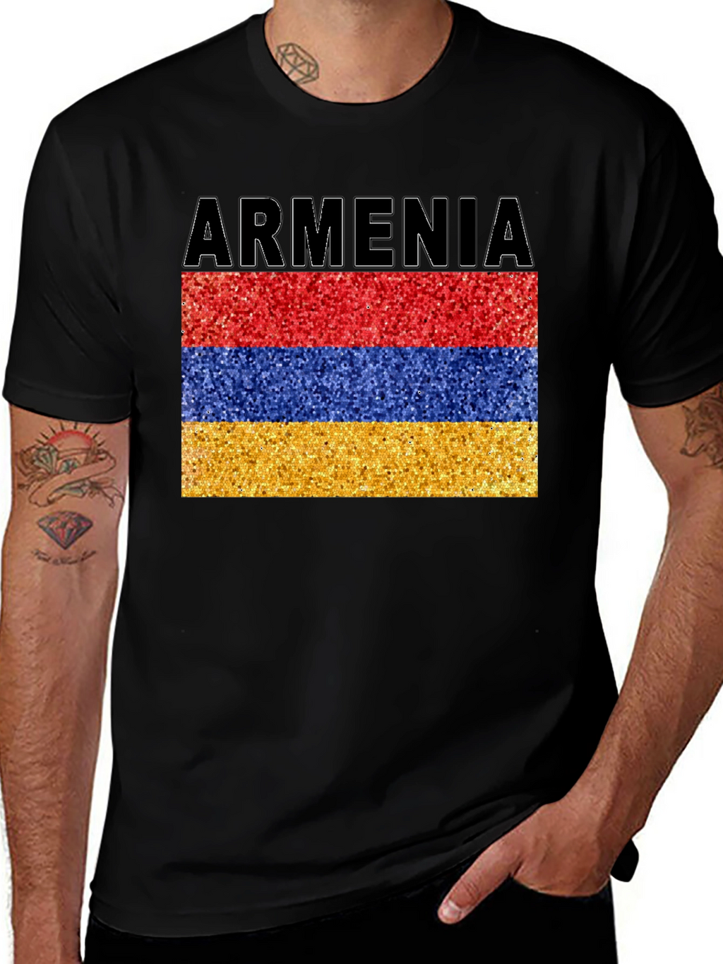 Armenia Flag Glitter Graphic Print Black T-Shirt