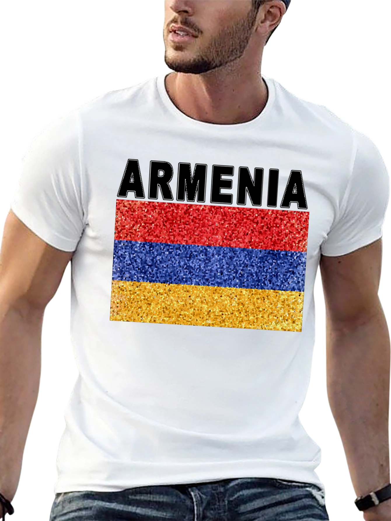Armenia Flag Glitter Graphic Print Black T-Shirt