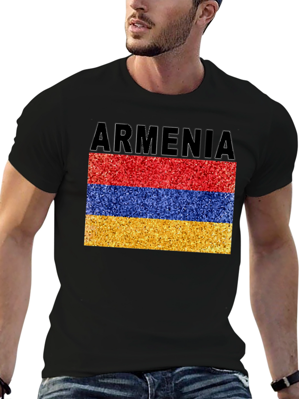 Armenia Flag Glitter Graphic Print Black T-Shirt