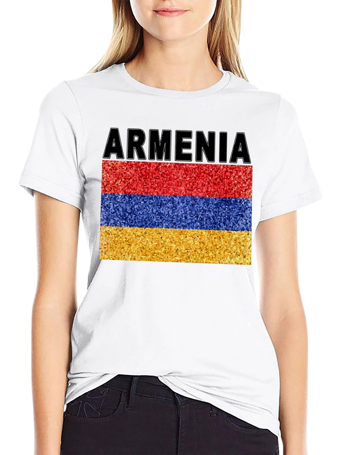 Armenia Flag Glitter Graphic Print Black T-Shirt