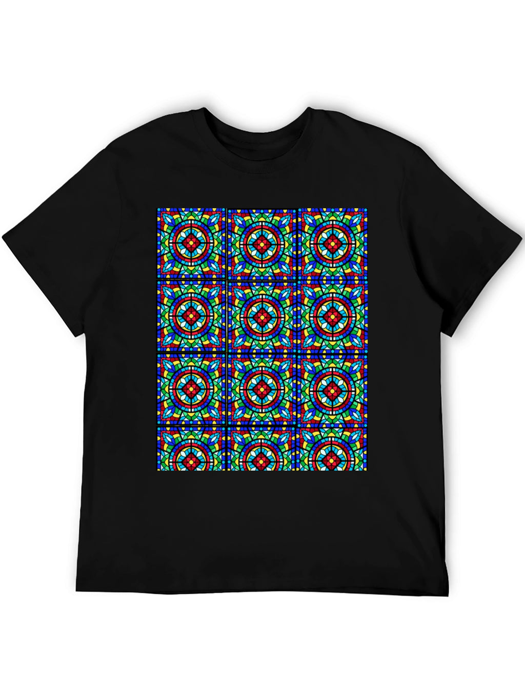 Stained Glass Pattern Black T-Shirt - Unique Design