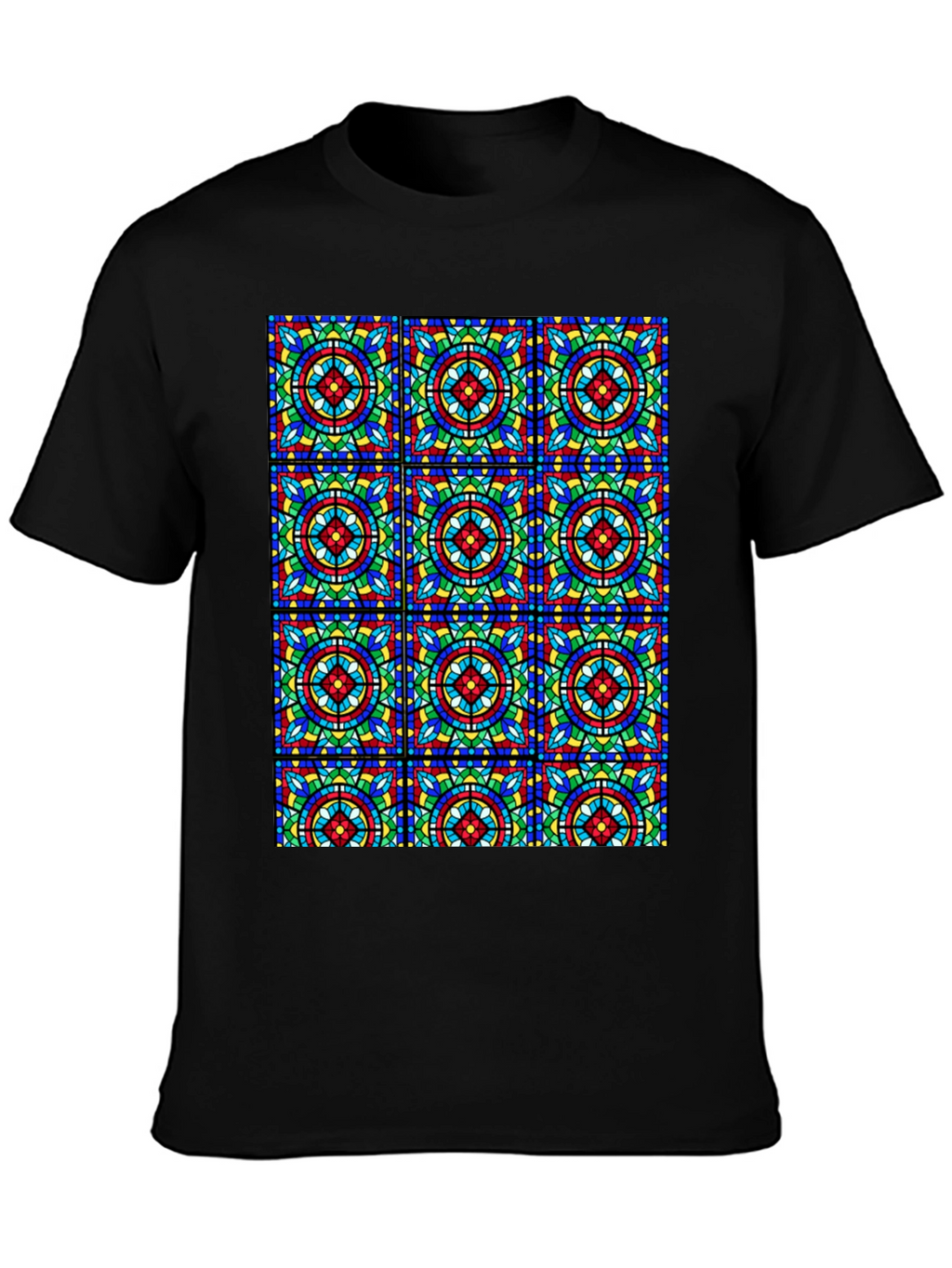 Stained Glass Pattern Black T-Shirt - Unique Design