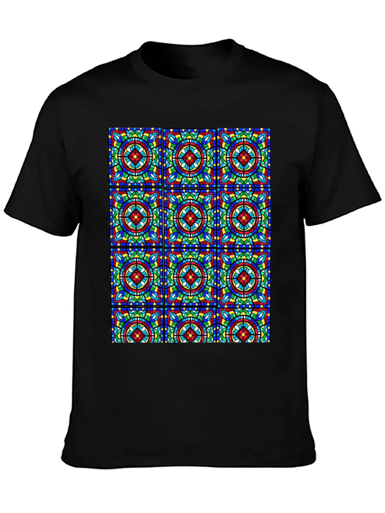 Stained Glass Pattern Black T-Shirt - Unique Design