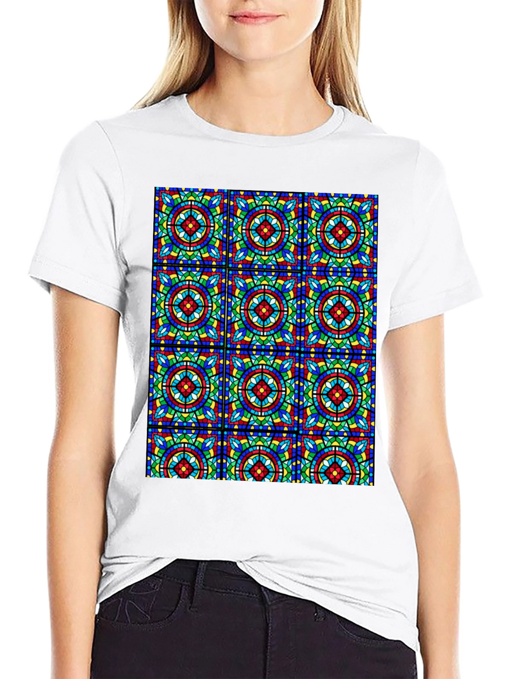 Stained Glass Pattern Black T-Shirt - Unique Design
