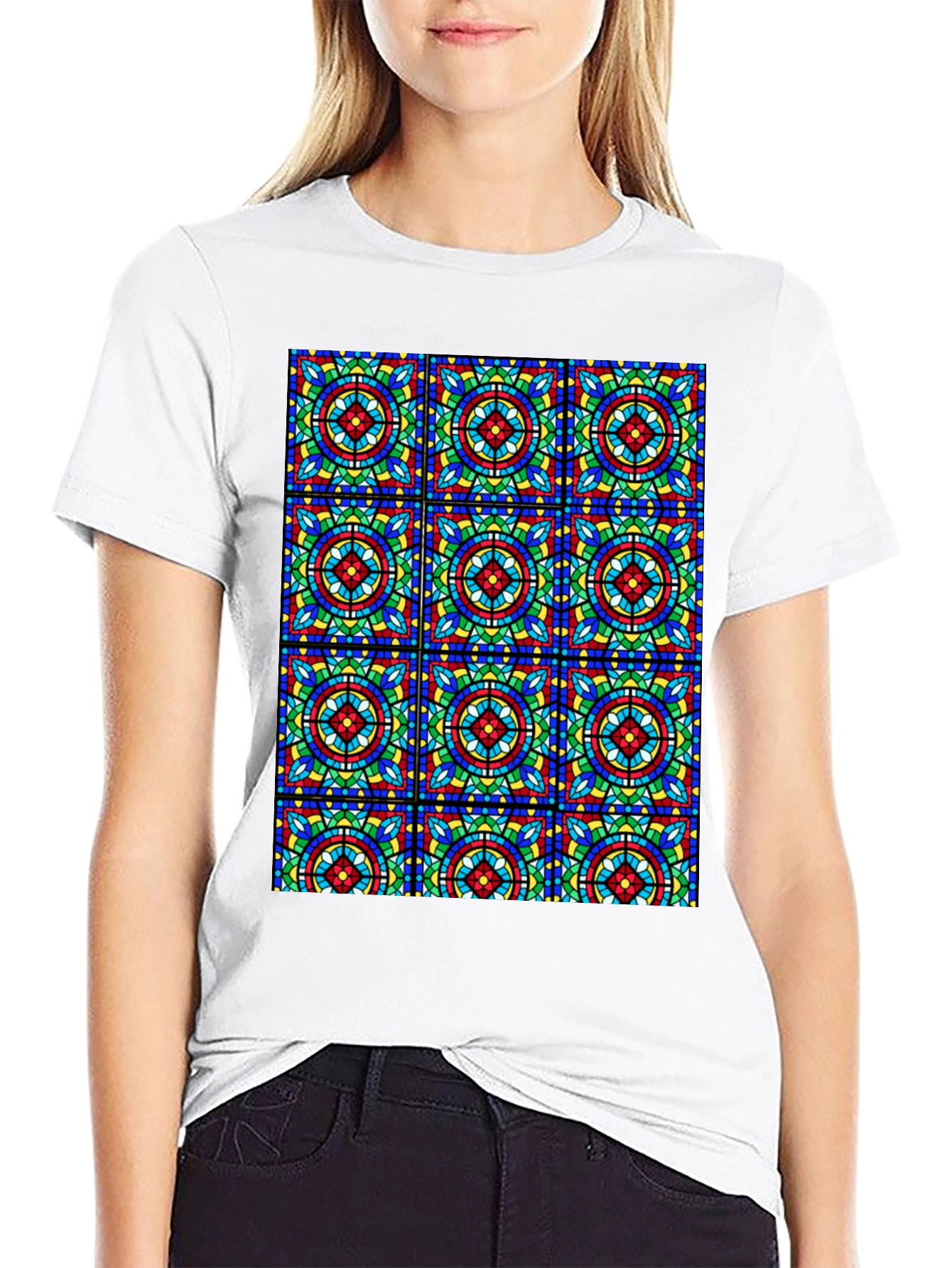 Stained Glass Pattern Black T-Shirt - Unique Design