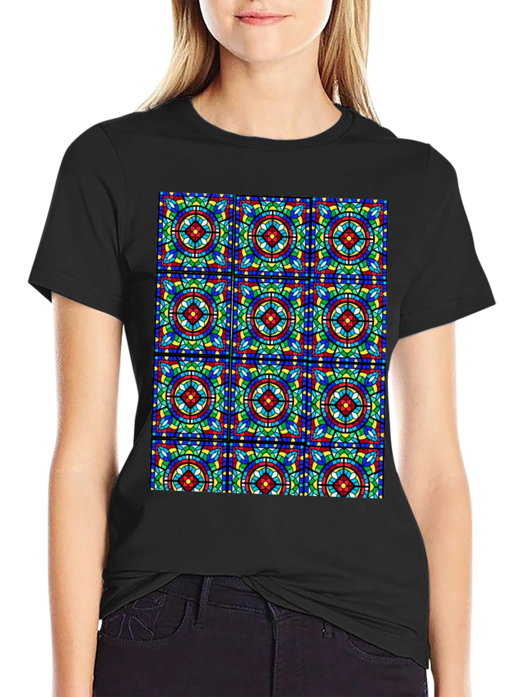 Stained Glass Pattern Black T-Shirt - Unique Design