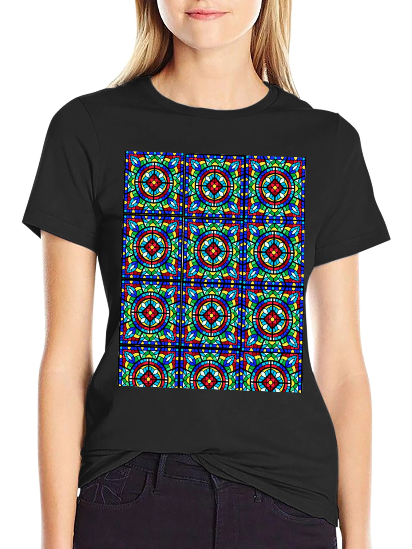 Stained Glass Pattern Black T-Shirt - Unique Design