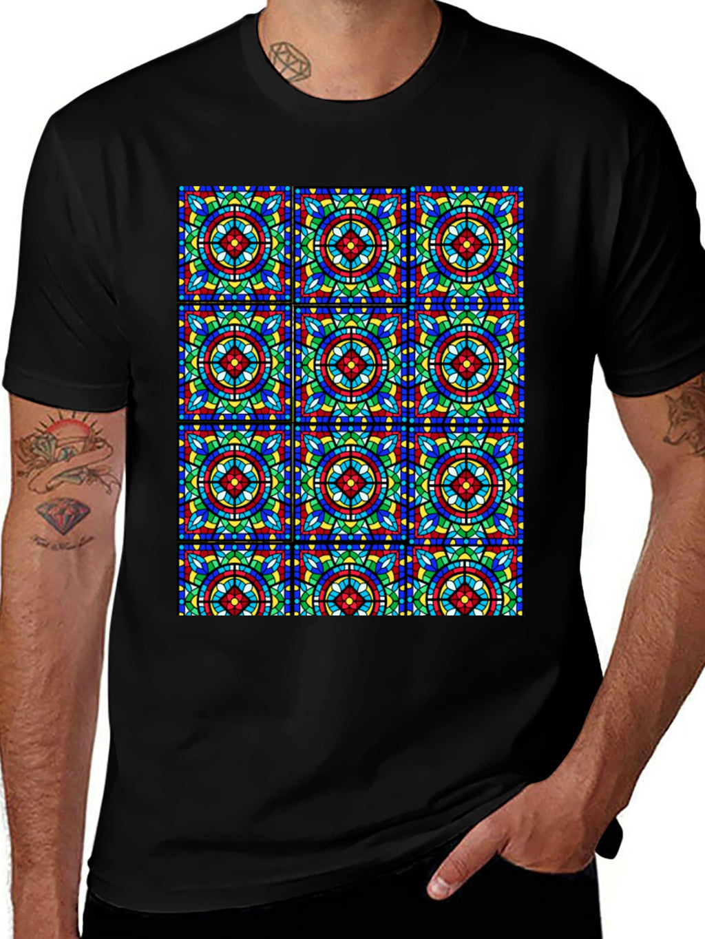 Stained Glass Pattern Black T-Shirt - Unique Design