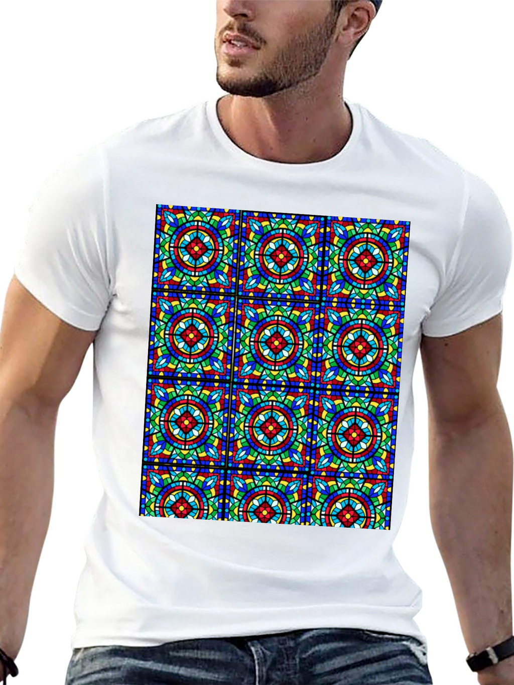 Stained Glass Pattern Black T-Shirt - Unique Design