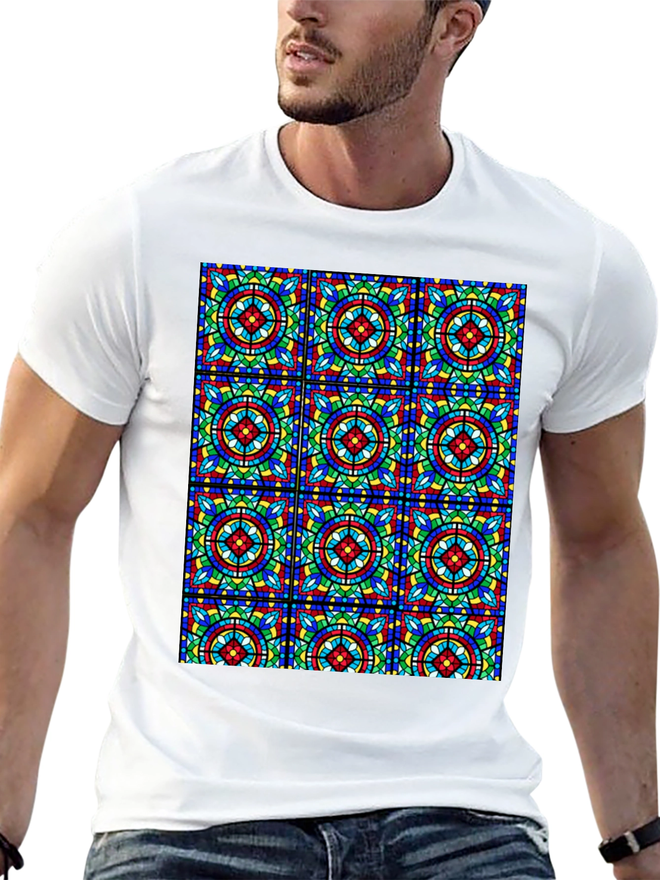 Stained Glass Pattern Black T-Shirt - Unique Design