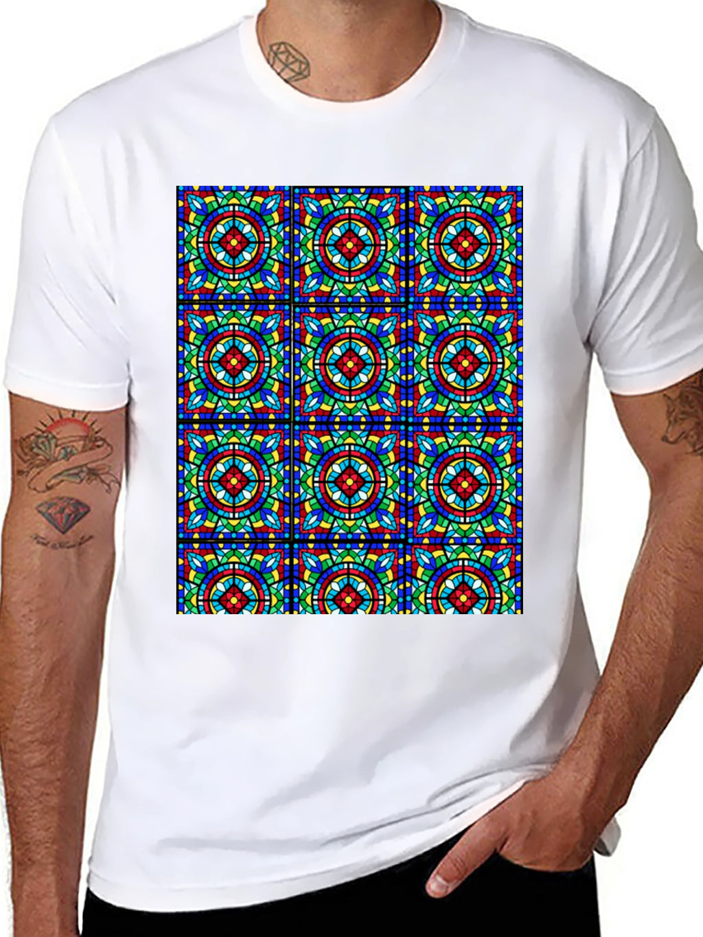 Stained Glass Pattern Black T-Shirt - Unique Design