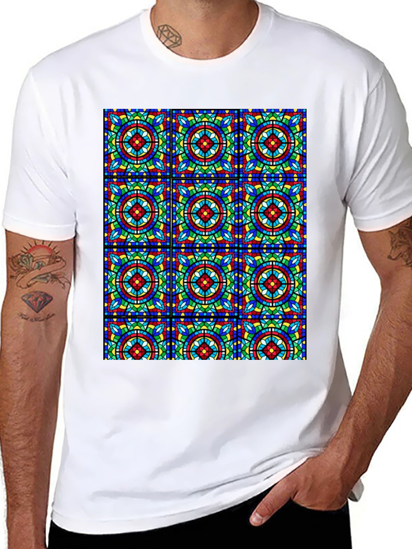 Stained Glass Pattern Black T-Shirt - Unique Design