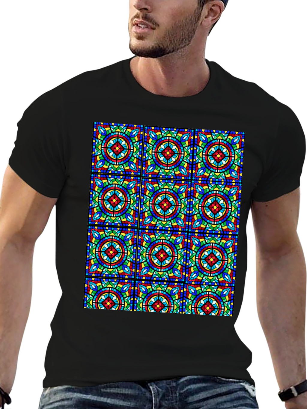 Stained Glass Pattern Black T-Shirt - Unique Design