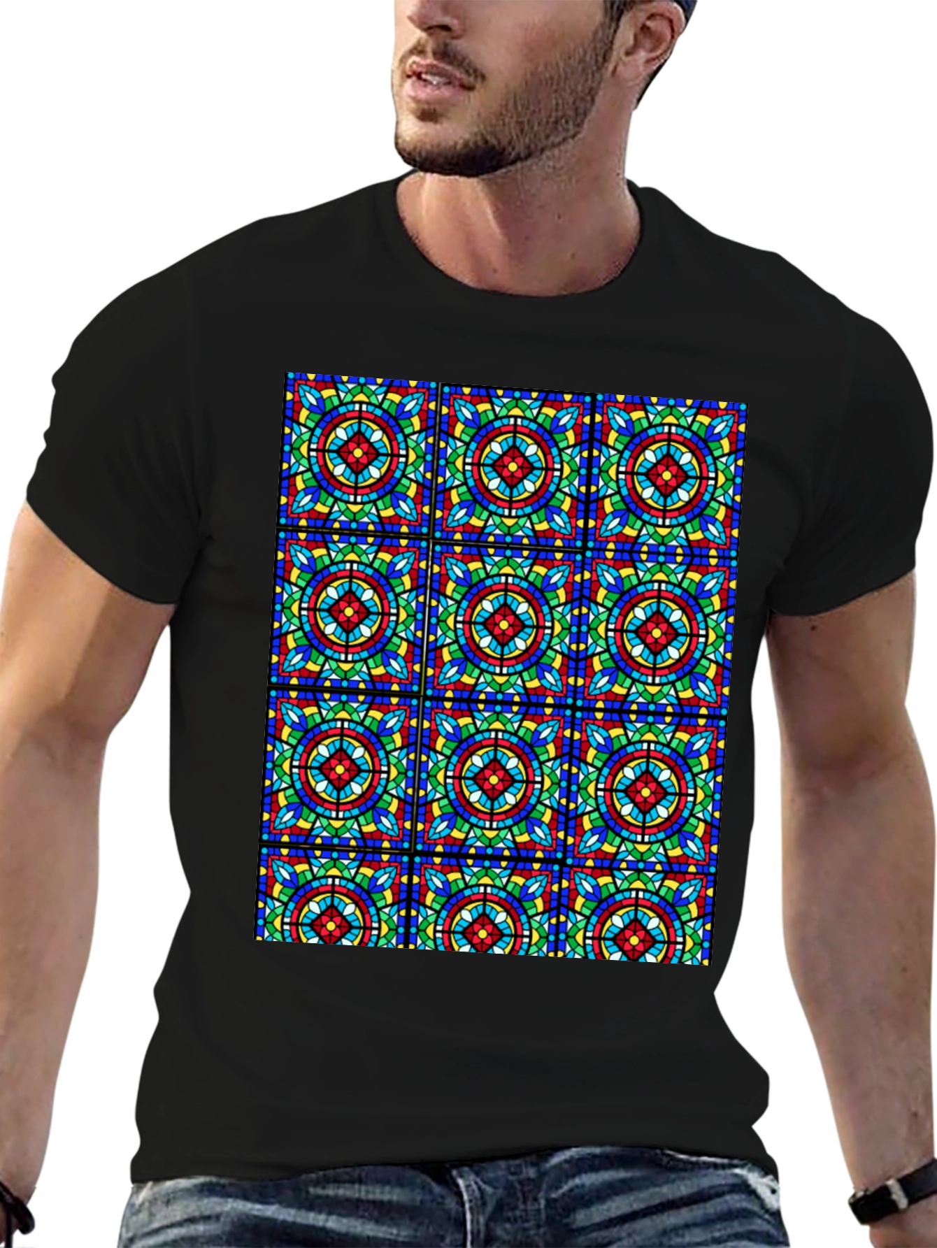 Stained Glass Pattern Black T-Shirt - Unique Design