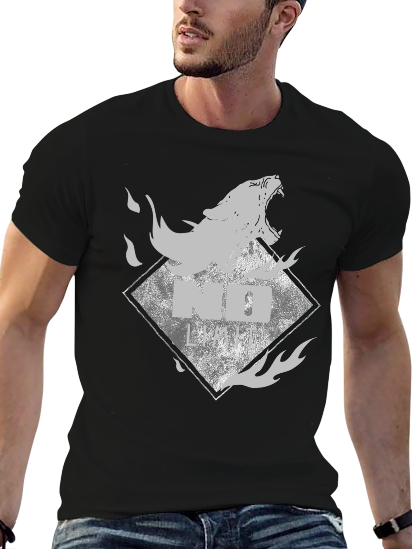 Black Tee with Wolf Graphic - No Limits Style