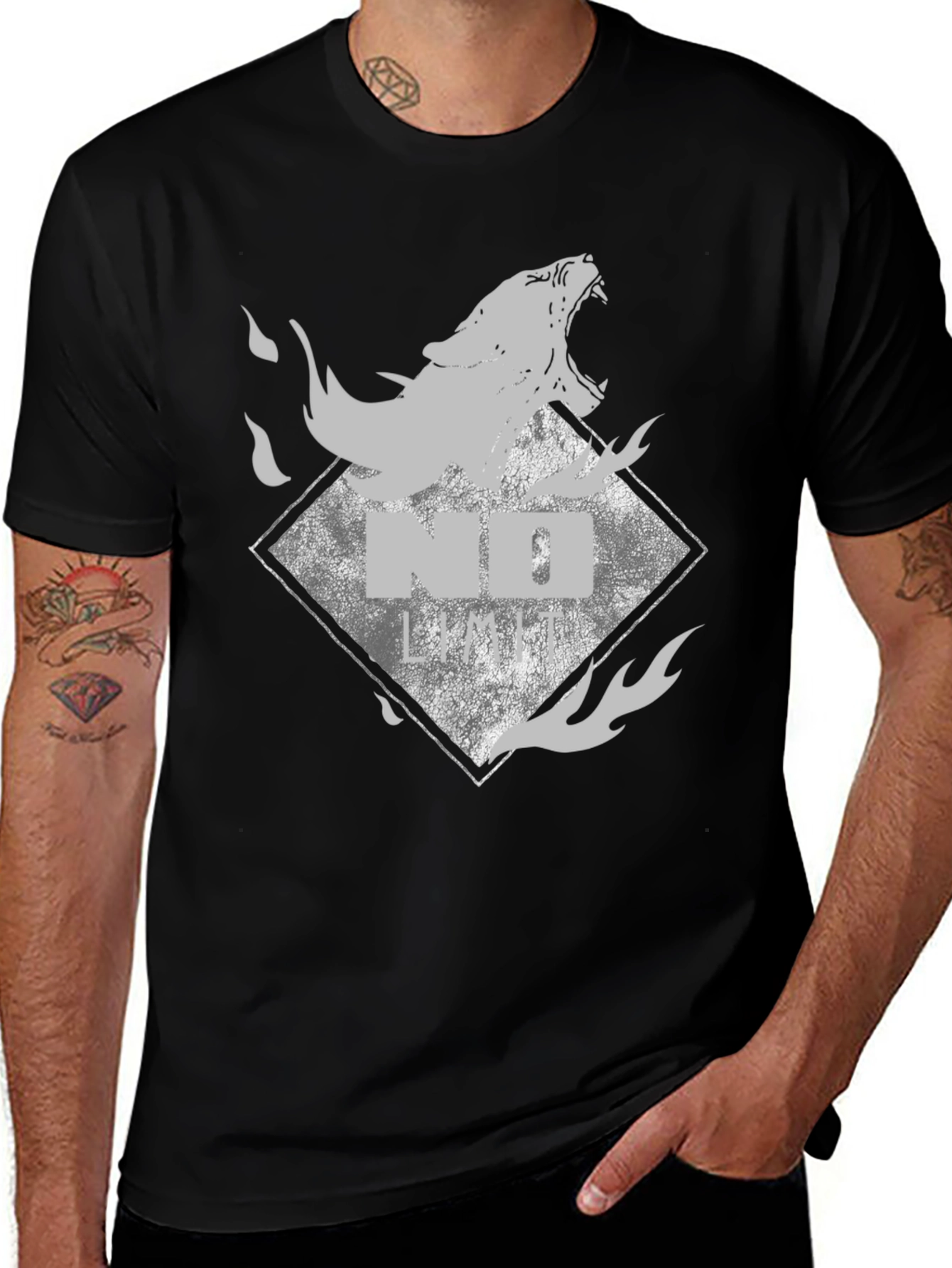 Black Tee with Wolf Graphic - No Limits Style