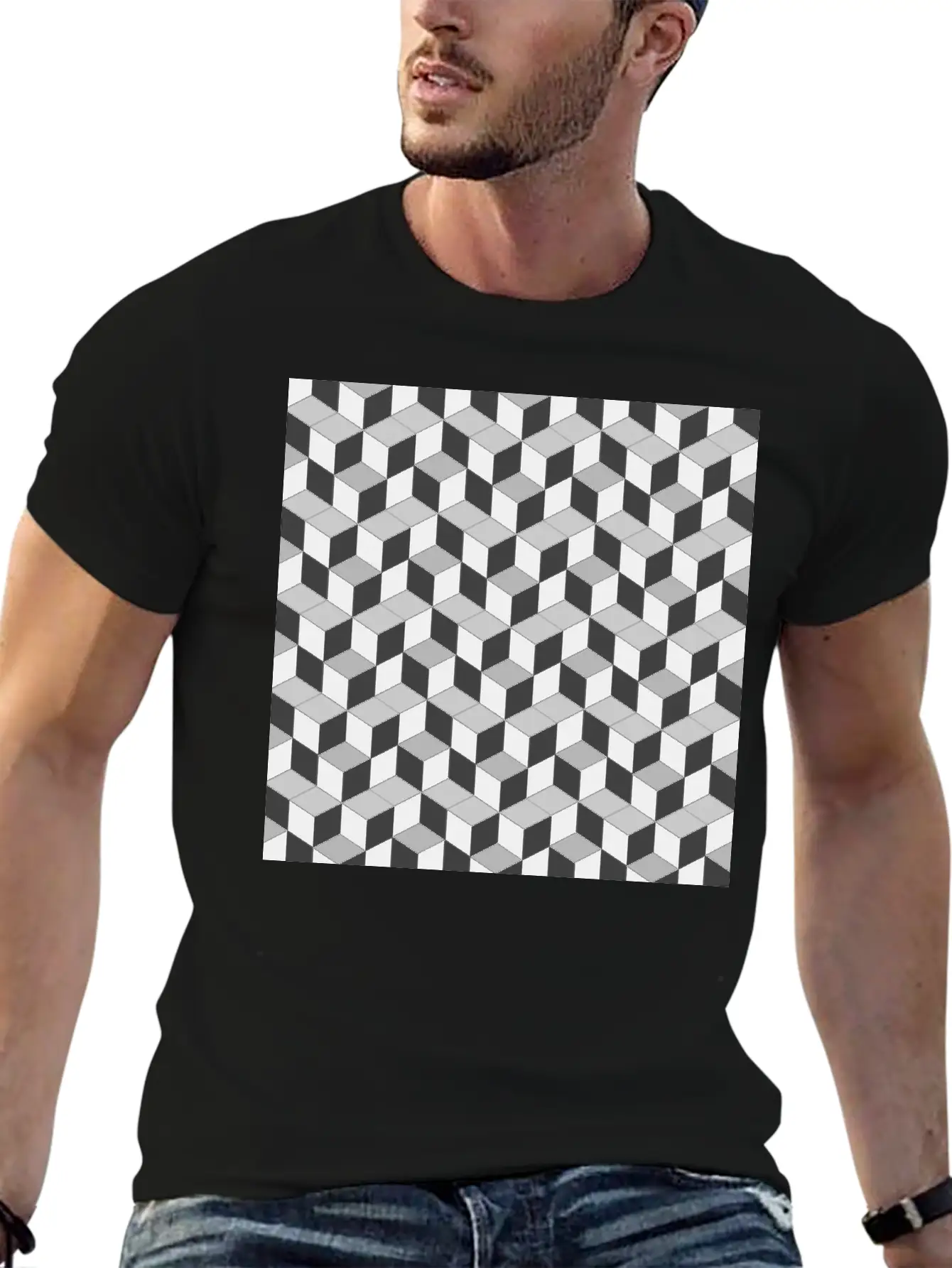 3D Cube Pattern Unisex Short Sleeve Soft Cotton T-Shirt – Casual Everyday Wear