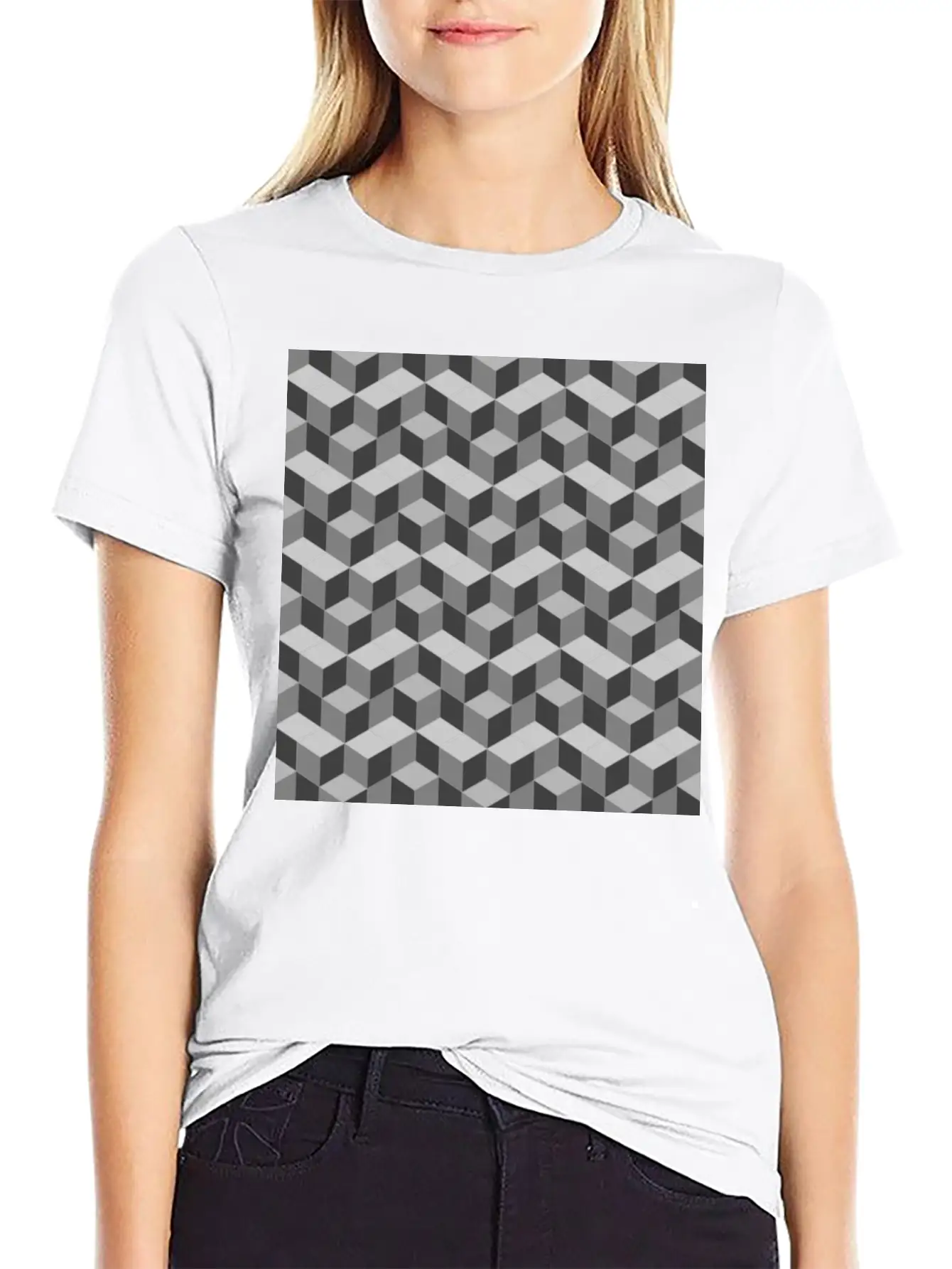 3D Cube Pattern Unisex Short Sleeve Soft Cotton T-Shirt – Casual Everyday Wear