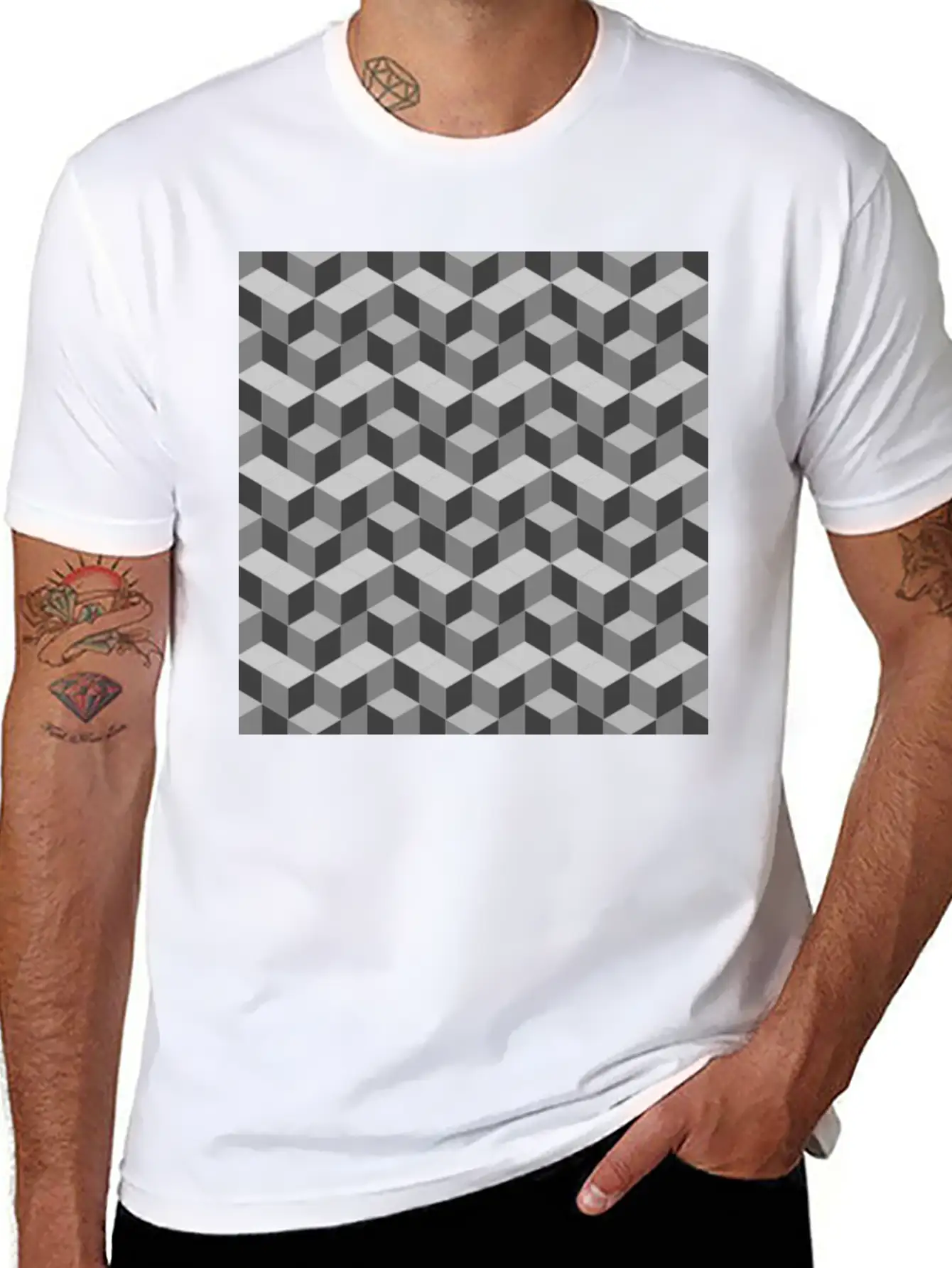 3D Cube Pattern Unisex Short Sleeve Soft Cotton T-Shirt – Casual Everyday Wear