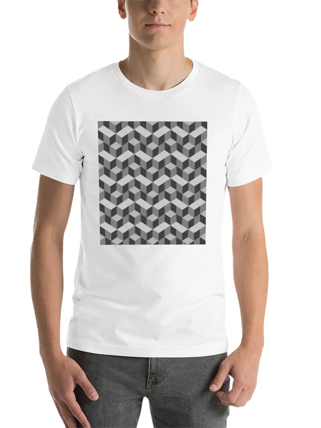 3D Cube Pattern Unisex Short Sleeve Soft Cotton T-Shirt – Casual Everyday Wear