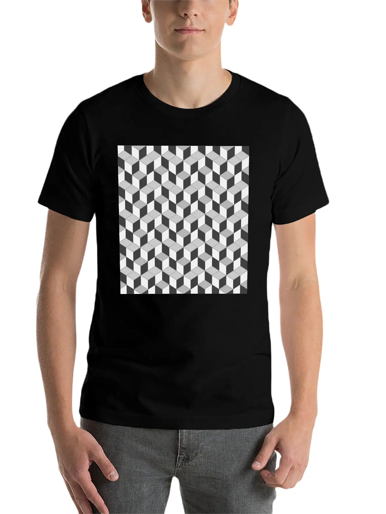3D Cube Pattern Unisex Short Sleeve Soft Cotton T-Shirt – Casual Everyday Wear