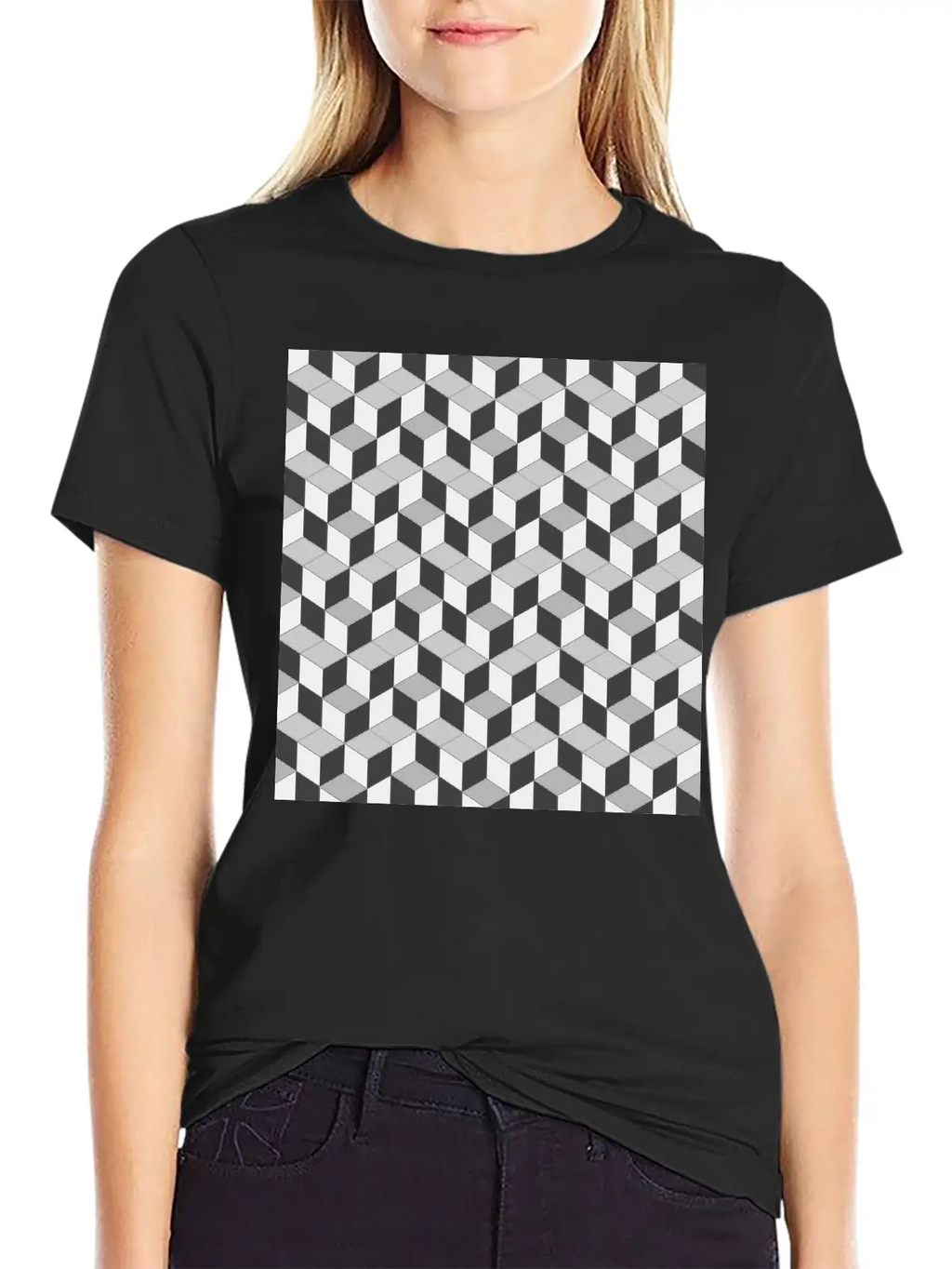 3D Cube Pattern Unisex Short Sleeve Soft Cotton T-Shirt – Casual Everyday Wear