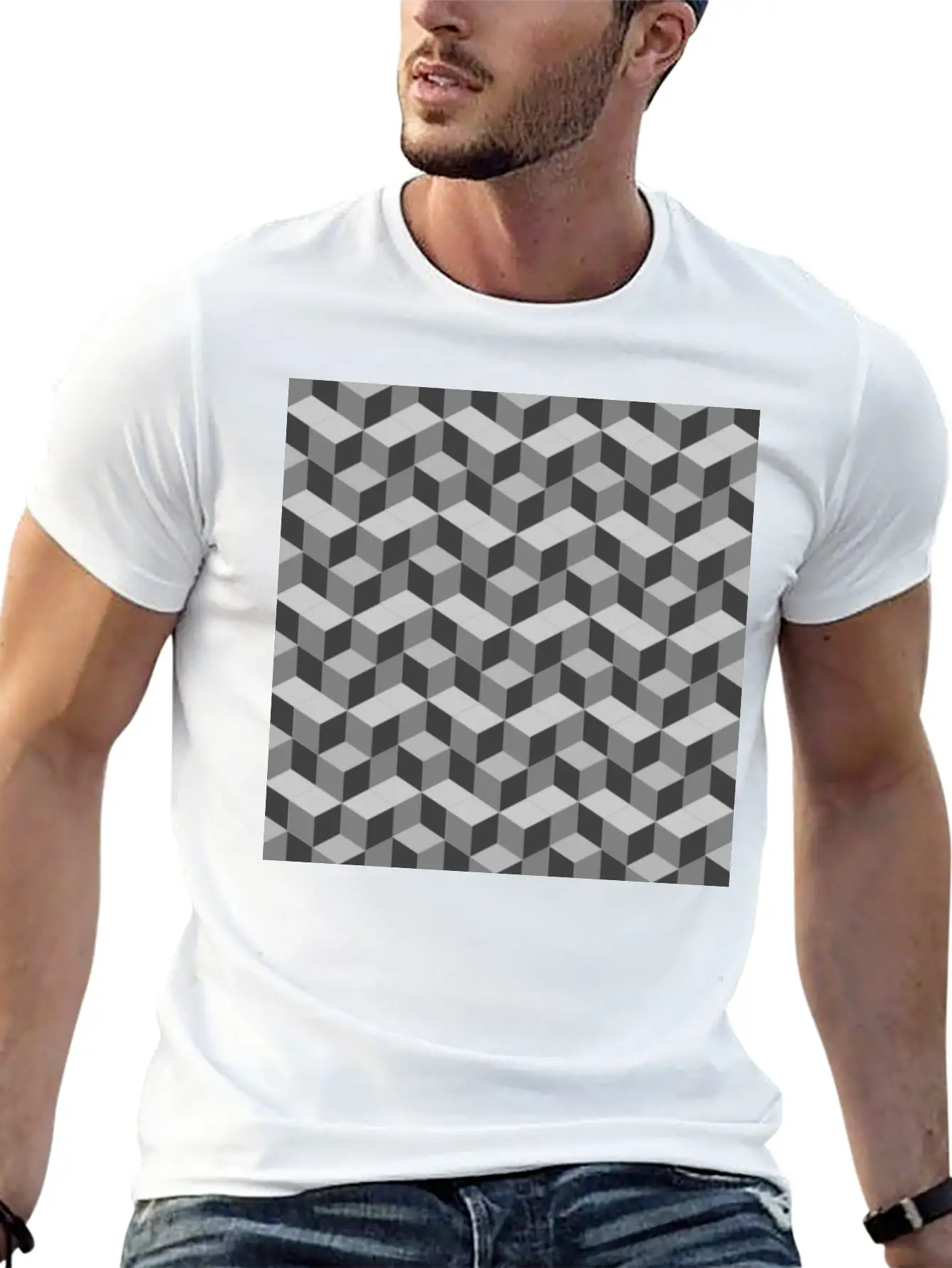 3D Cube Pattern Unisex Short Sleeve Soft Cotton T-Shirt – Casual Everyday Wear