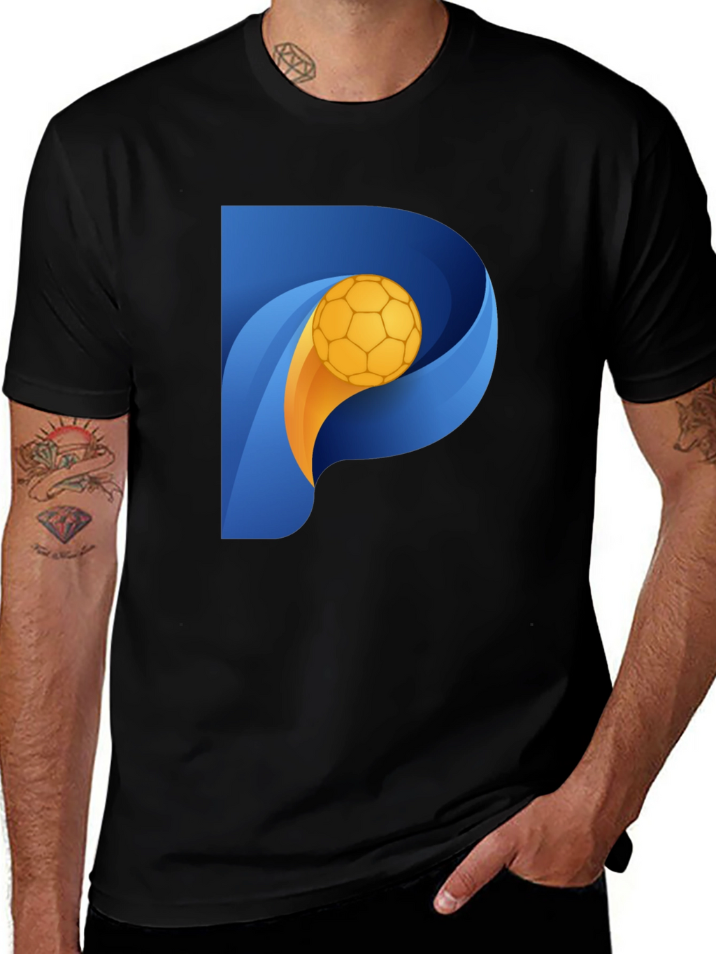 Stylish Black T-Shirt with P Soccer Ball Graphic