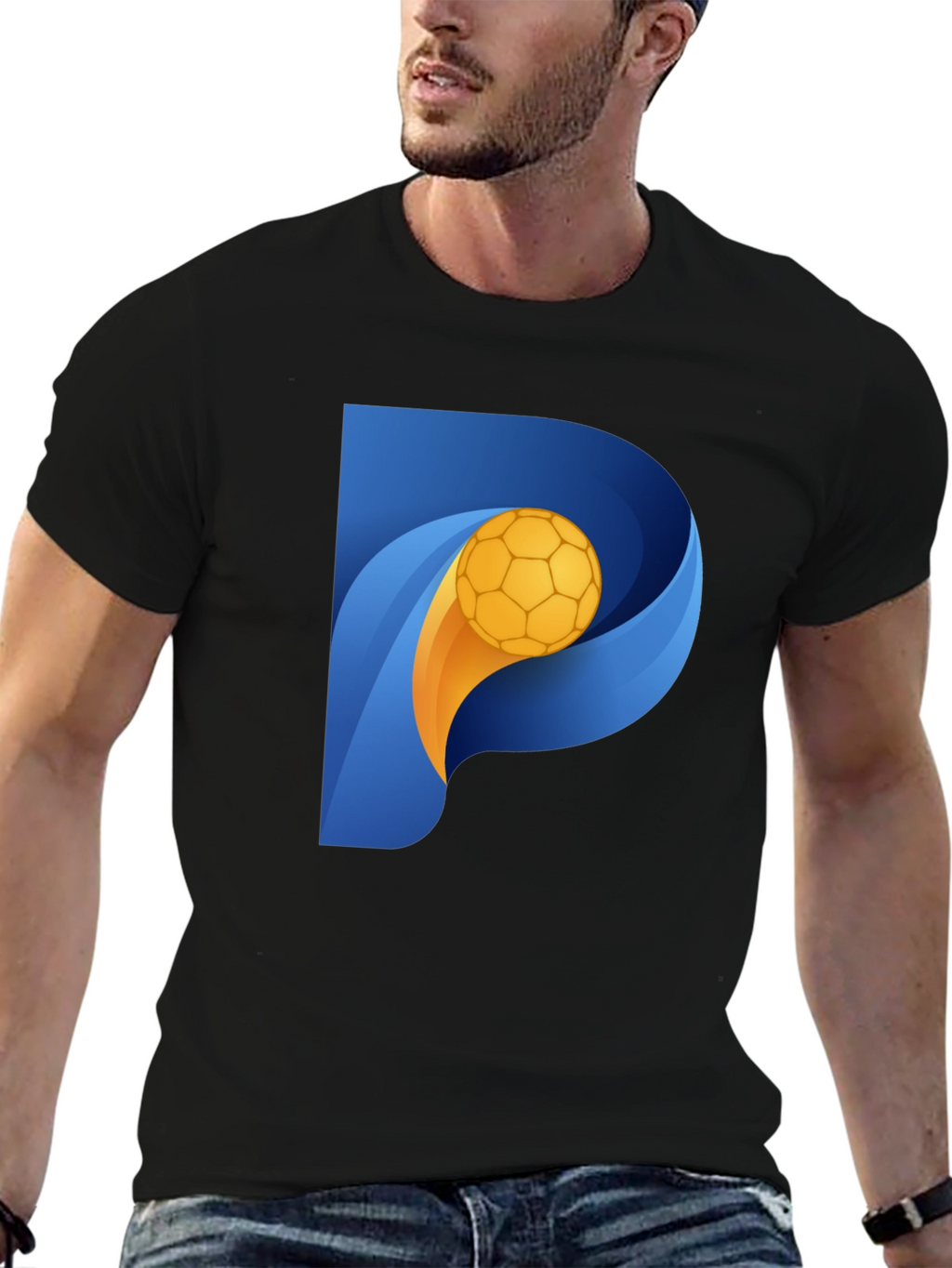 Stylish Black T-Shirt with P Soccer Ball Graphic