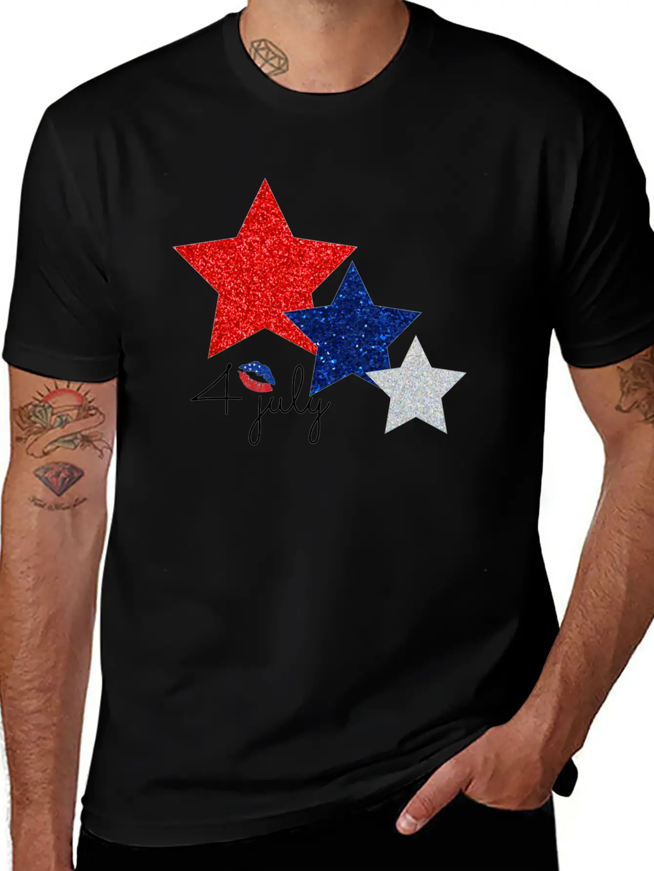 4 July Glitter Star Design Essential Cotton Tee For Daily Outfits – Unisex Style