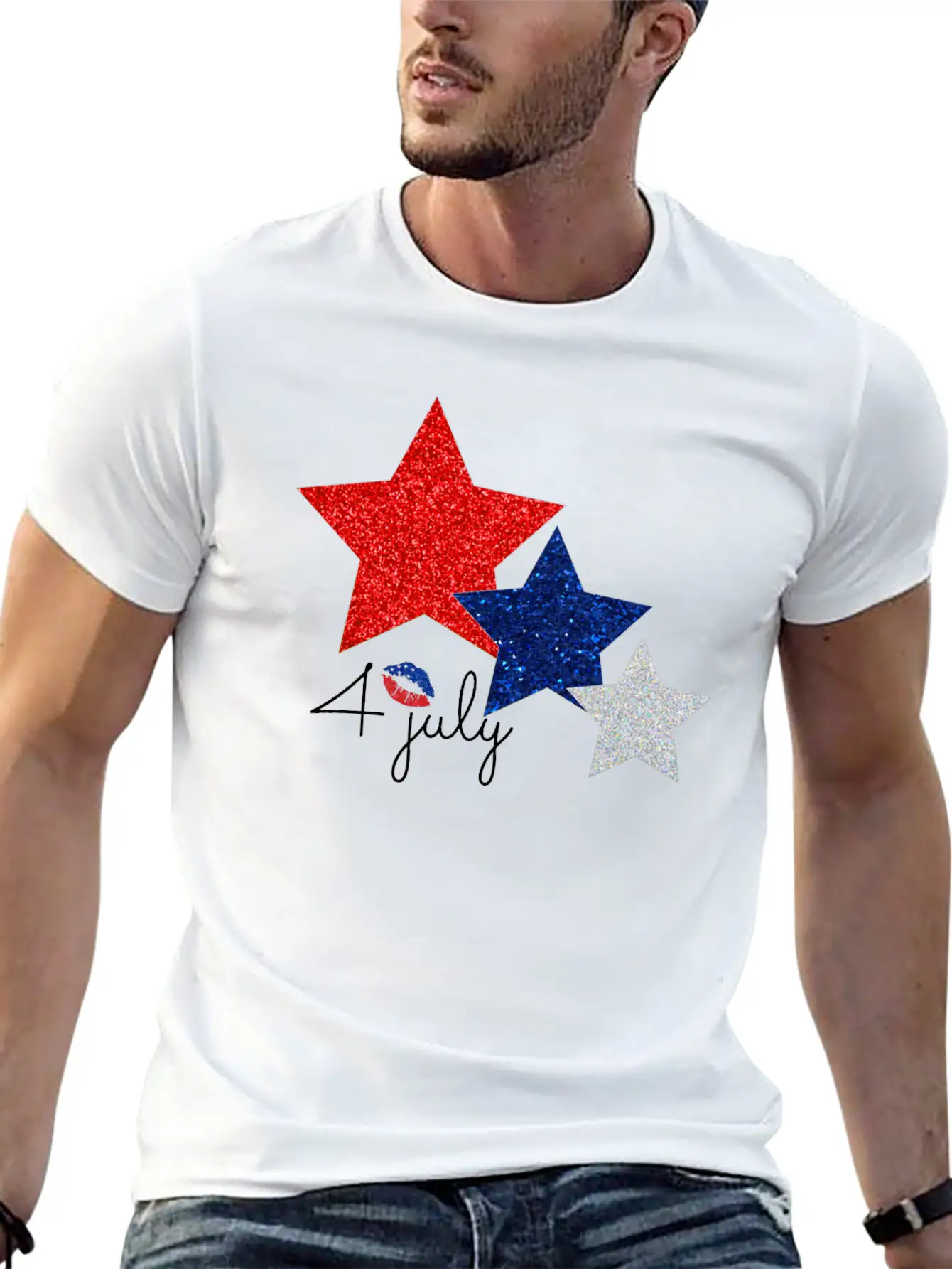 4 July Glitter Star Design Essential Cotton Tee For Daily Outfits – Unisex Style