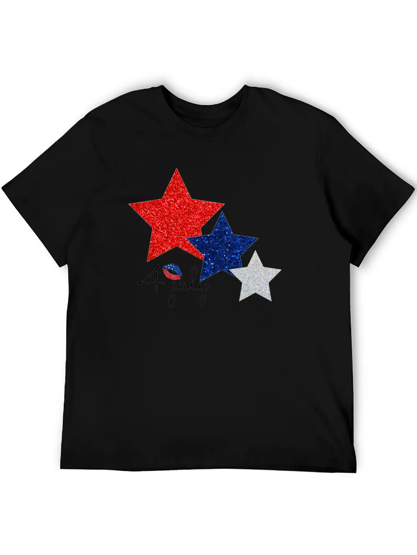 4 July Glitter Star Design Essential Cotton Tee For Daily Outfits – Unisex Style