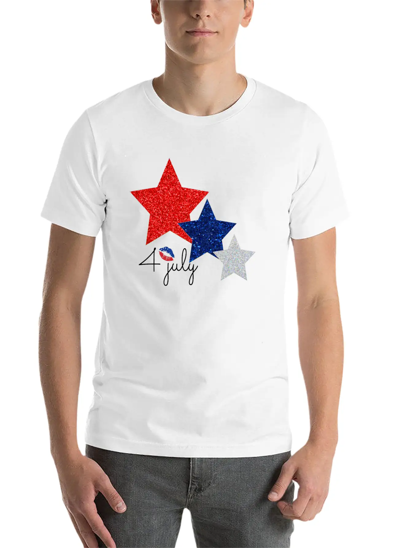 4 July Glitter Star Design Essential Cotton Tee For Daily Outfits – Unisex Style
