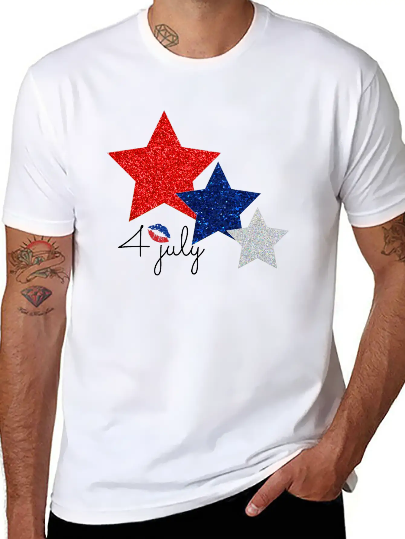 4 July Glitter Star Design Essential Cotton Tee For Daily Outfits – Unisex Style
