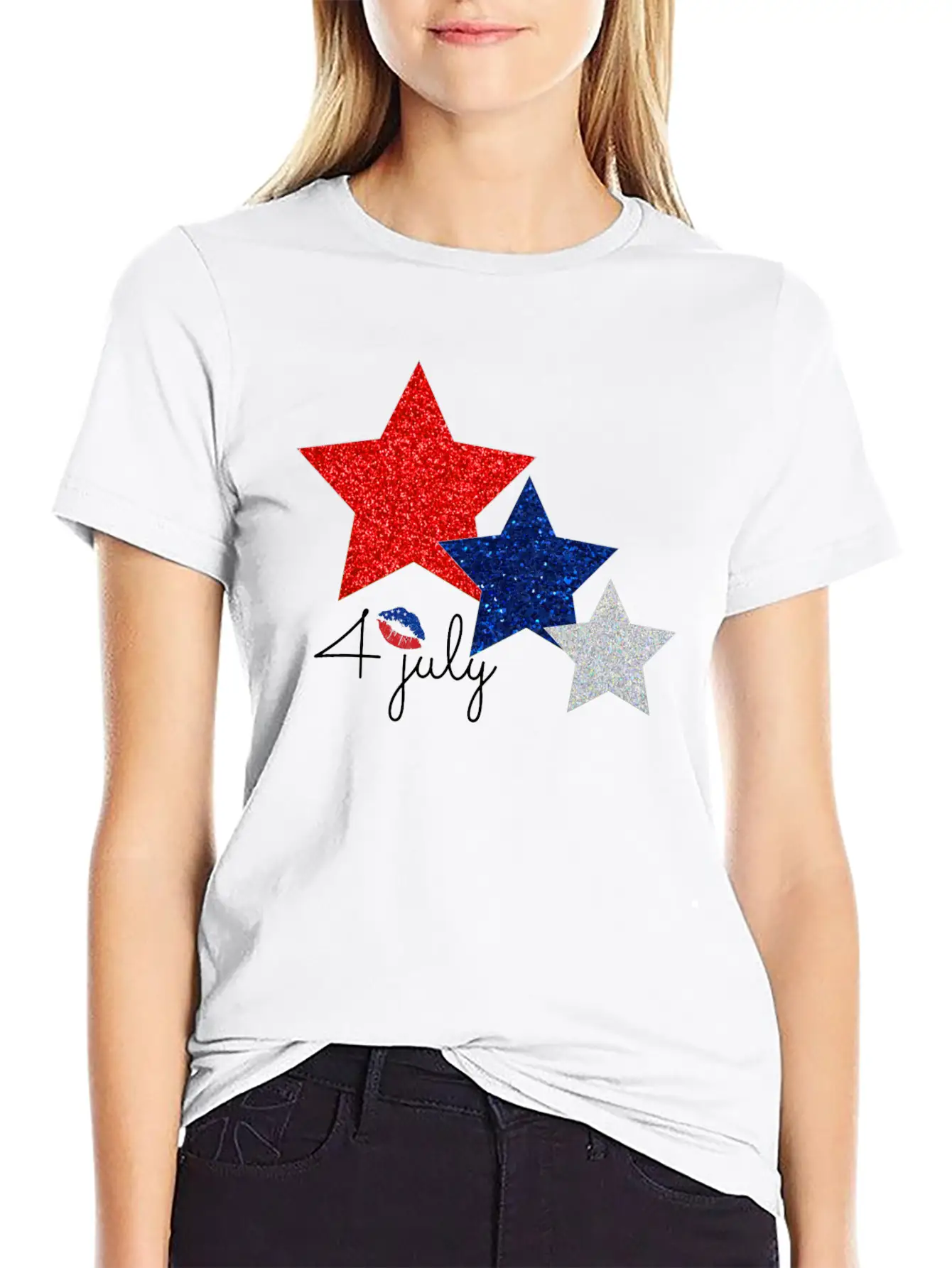 4 July Glitter Star Design Essential Cotton Tee For Daily Outfits – Unisex Style