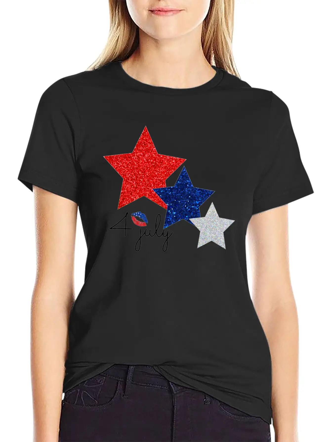 4 July Glitter Star Design Essential Cotton Tee For Daily Outfits – Unisex Style