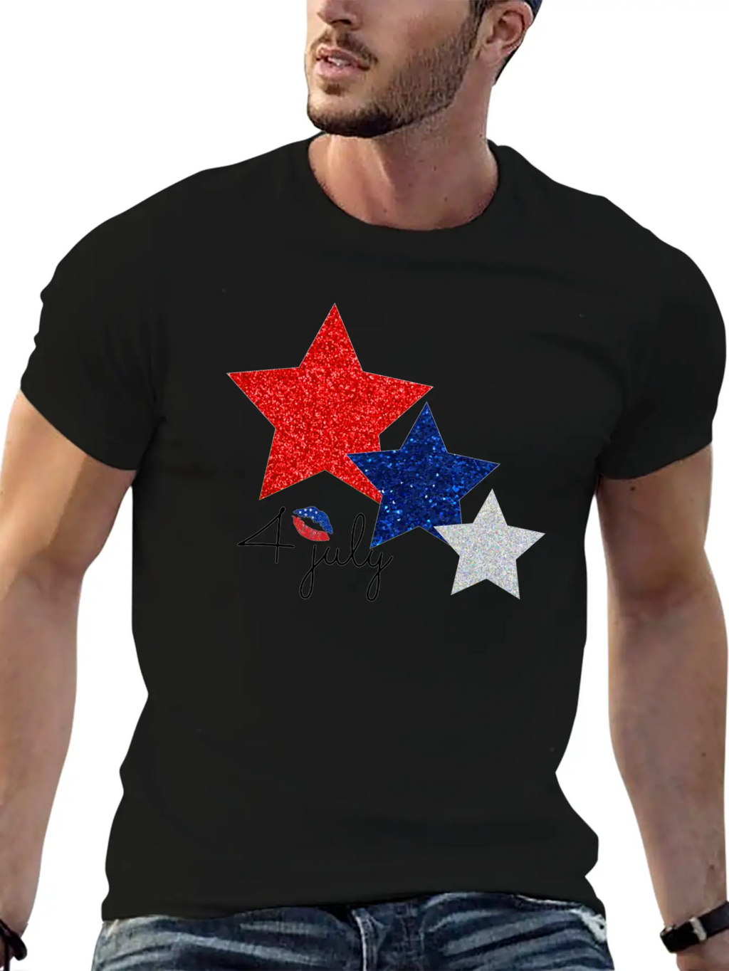4 July Glitter Star Design Essential Cotton Tee For Daily Outfits – Unisex Style