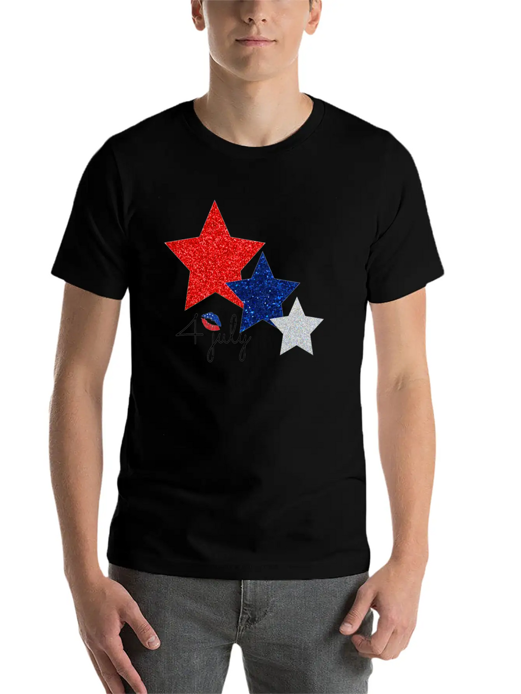 4 July Glitter Star Design Essential Cotton Tee For Daily Outfits – Unisex Style