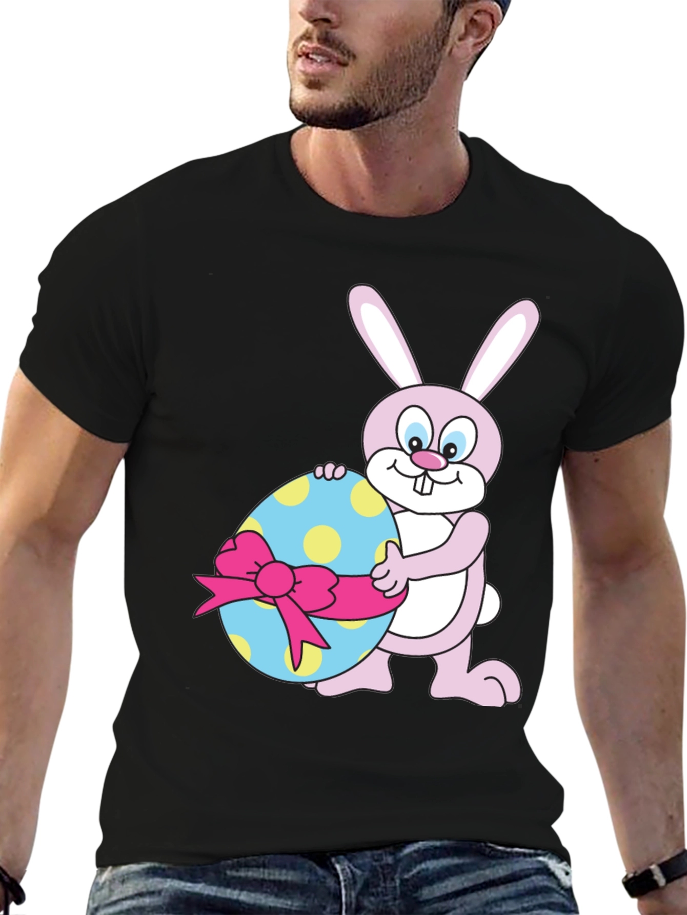Easter Bunny Holding Decorated Egg Black T-Shirt