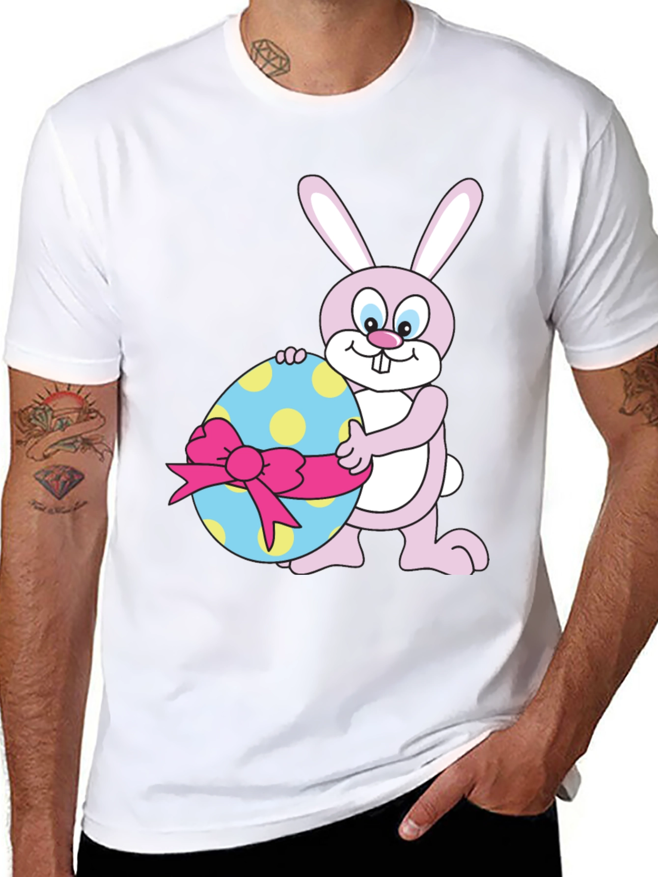 Easter Bunny Holding Decorated Egg Black T-Shirt