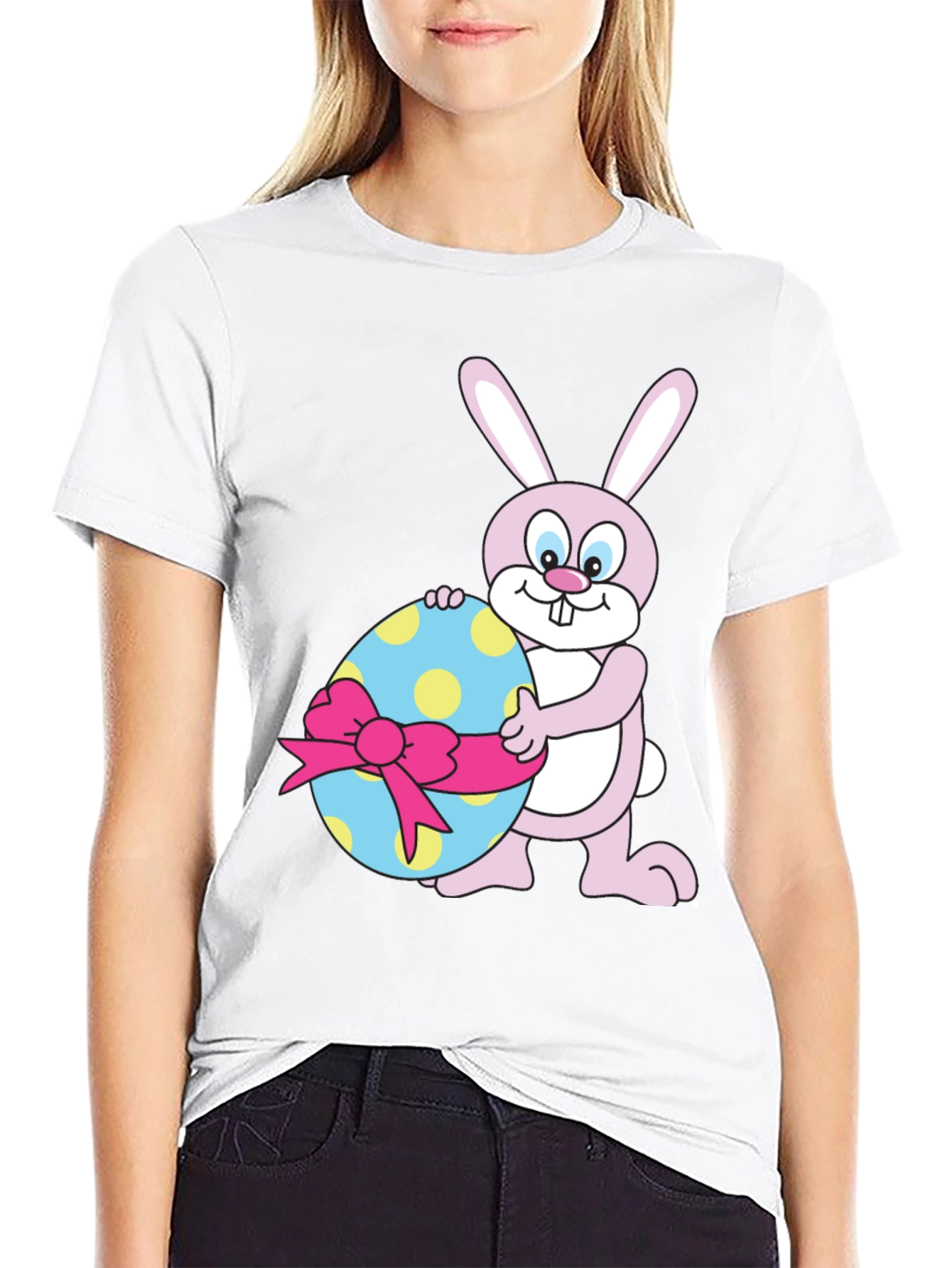 Easter Bunny Holding Decorated Egg Black T-Shirt