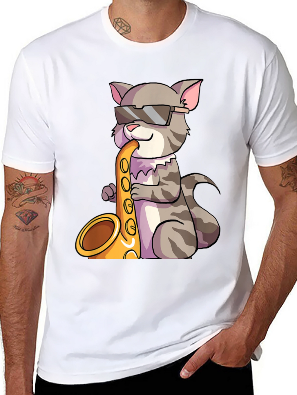 Cool Cat Saxophone Graphic Tee - Black