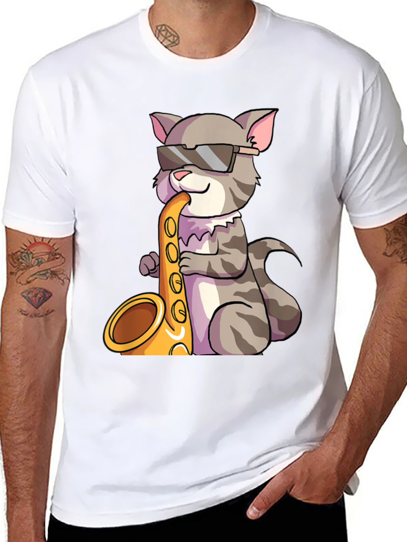 Cool Cat Saxophone Graphic Tee - Black