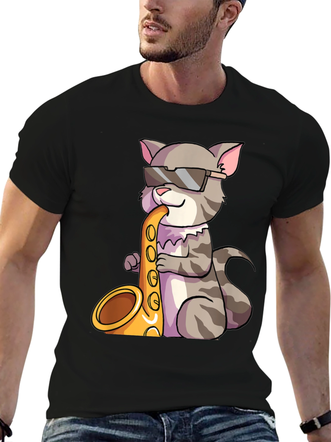 Cool Cat Saxophone Graphic Tee - Black
