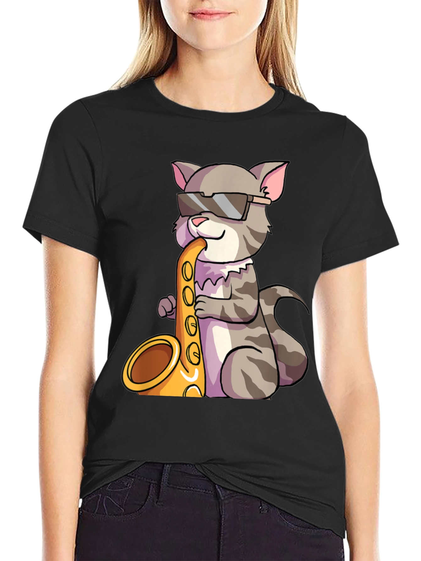 Cool Cat Saxophone Graphic Tee - Black