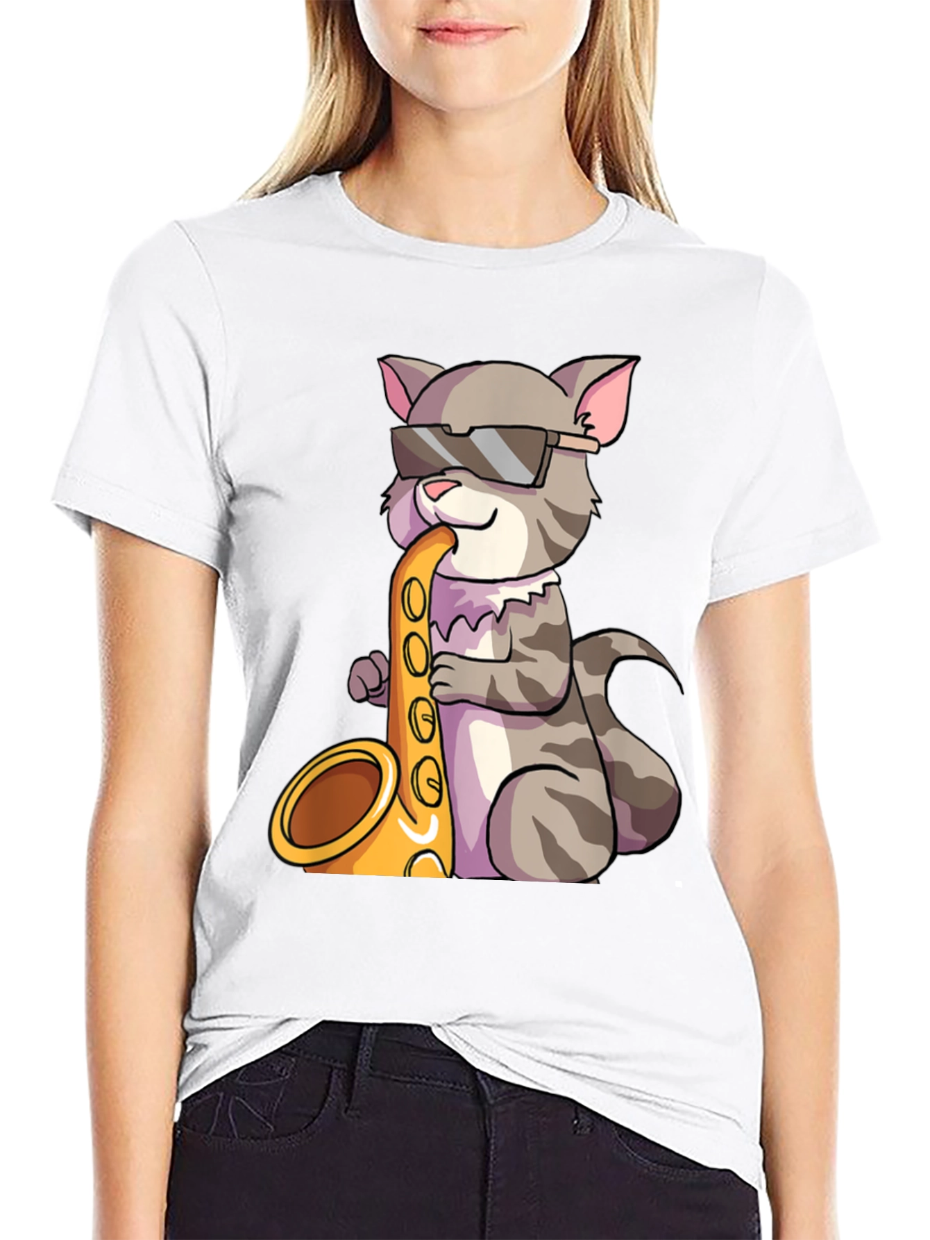 Cool Cat Saxophone Graphic Tee - Black