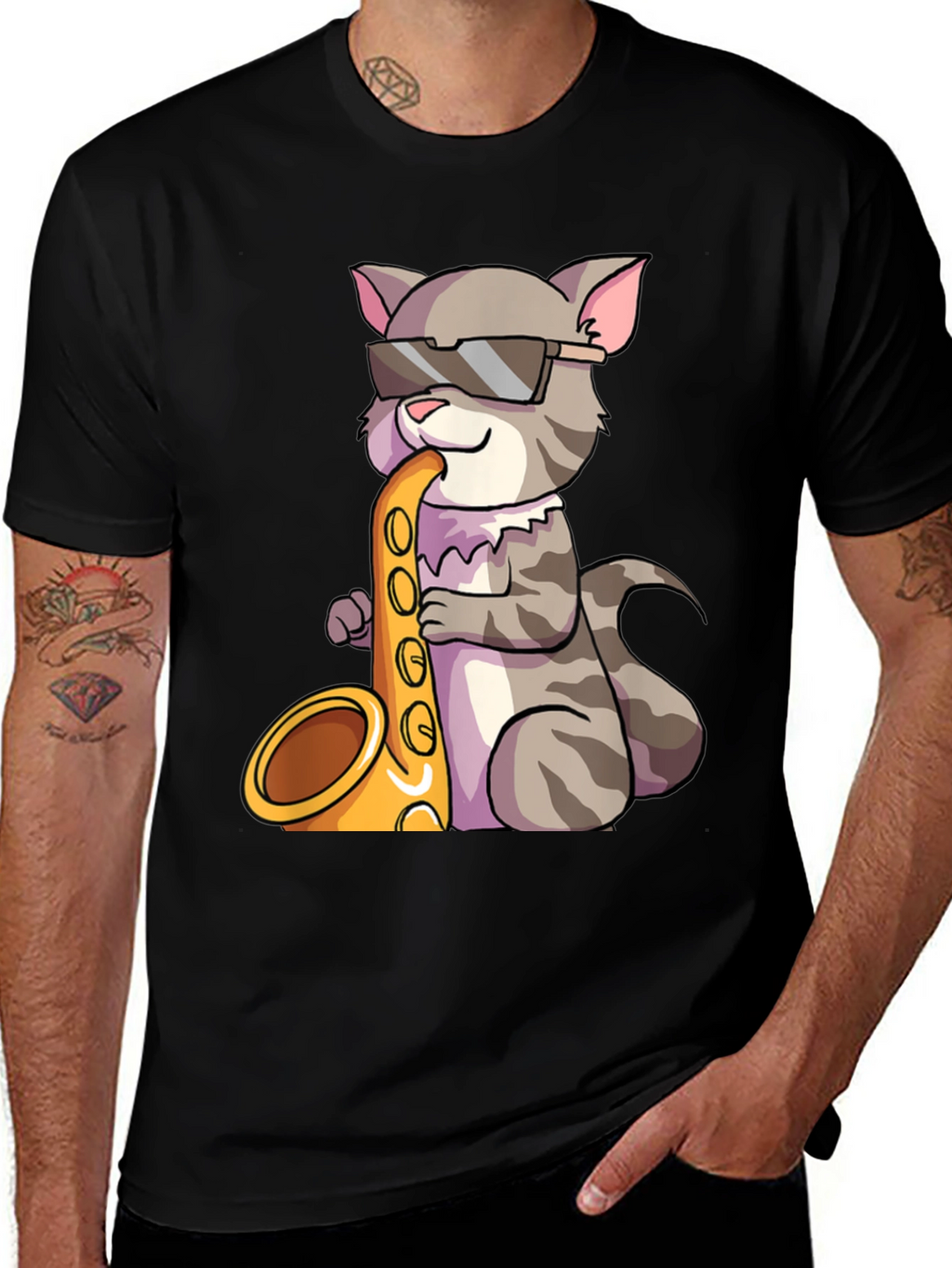 Cool Cat Saxophone Graphic Tee - Black