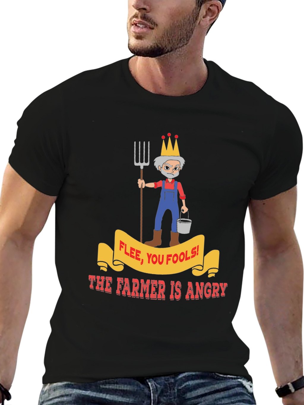 Angry Farmer Graphic Tee - Flee You Fools!